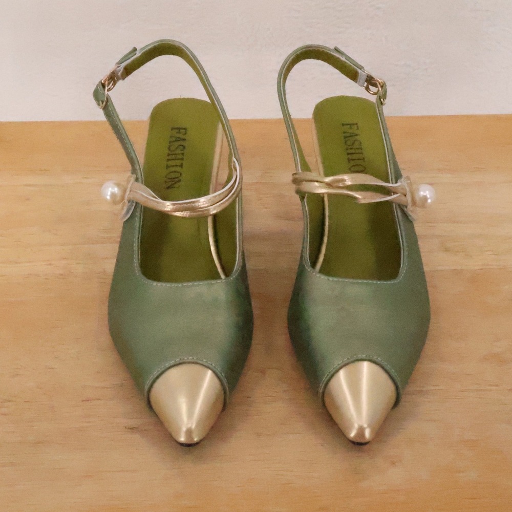 Sage Green Gold Slingback Kitten Heel Womens Size 8.5 Regency Victorian Costume - Picture 13 of 14